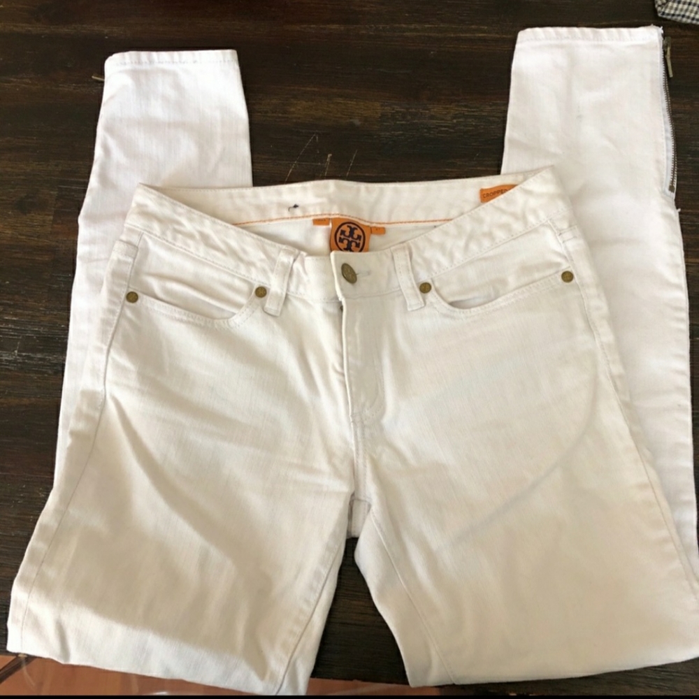 TORY BURCH Cotton Cropped Ankle Zip Skinny Jeans